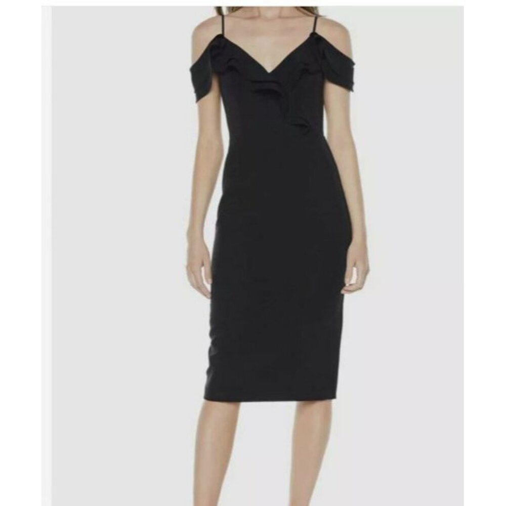 Bardot Dress Size 4 Black Raene Ruffled V-neck Cold Shoulder Sheath LBD Cocktail